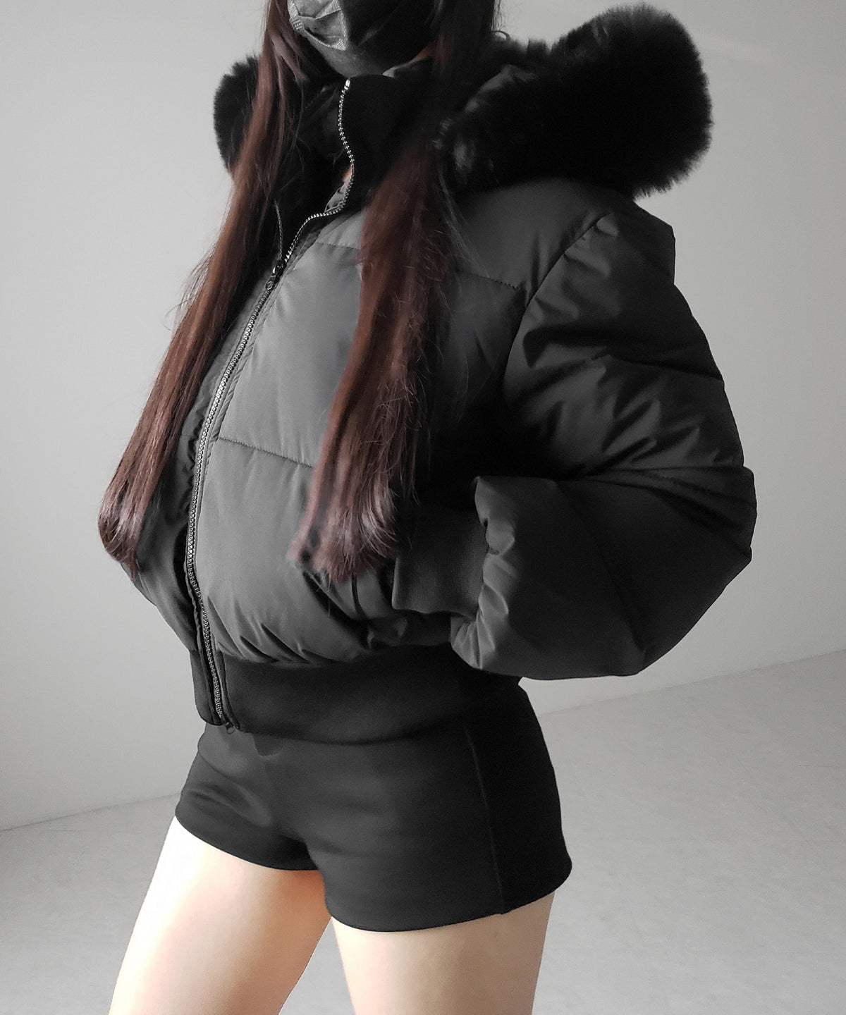 【 フード取り外し可能2WAY 】フェイクファーフードショート中綿ジャケット / 2WAY fake fur hoodie short fake down jacket