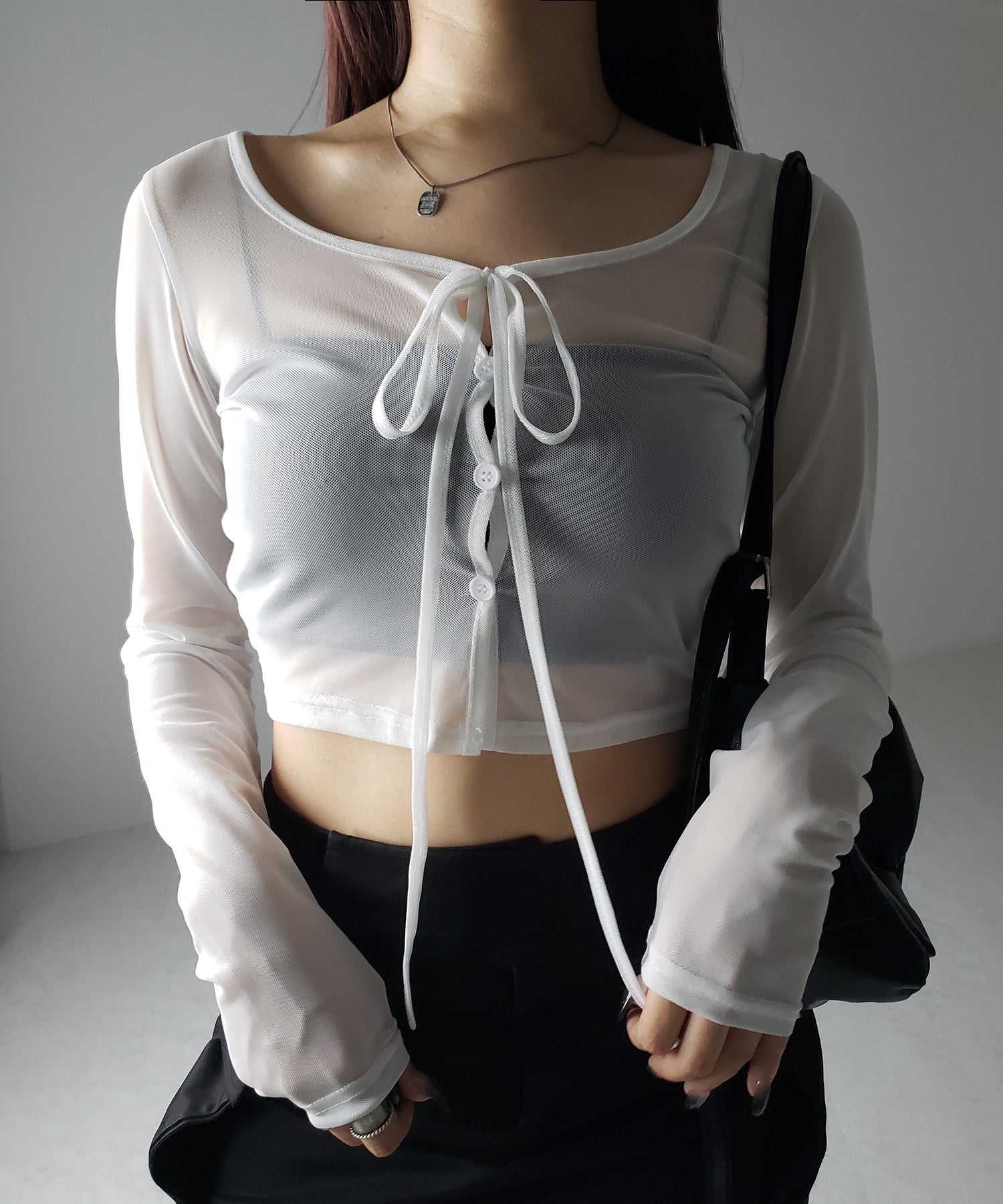 【 3color / 2WAY 】クロスストラップリボンシアーショートカーディガン / cross strap ribbon sheer short cardigan
