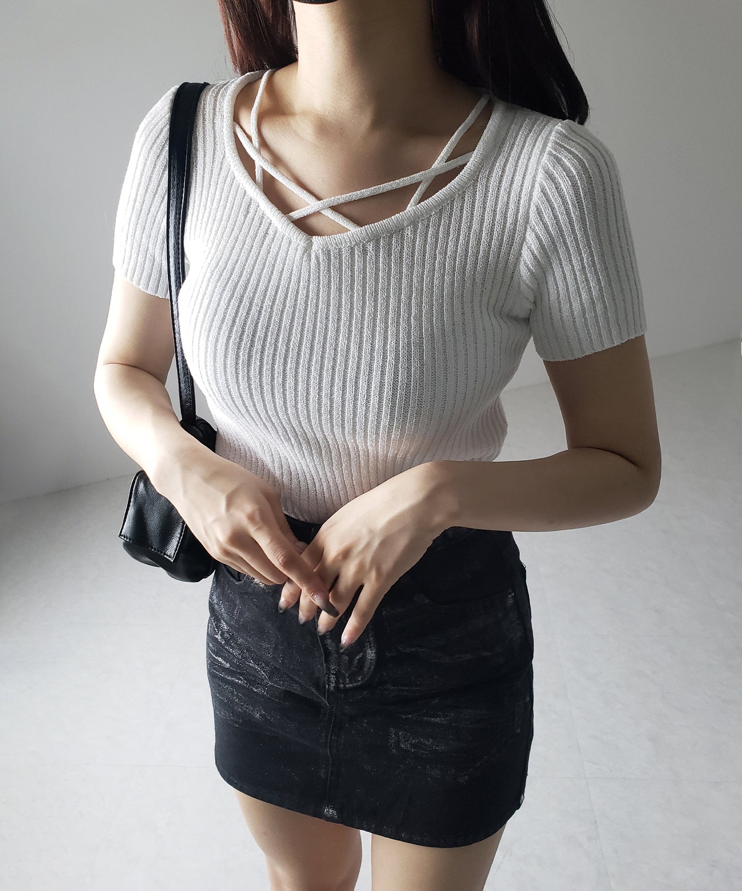 半袖クロスラインストラップデザインリブニット