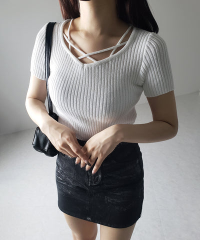 半袖クロスラインストラップデザインリブニット