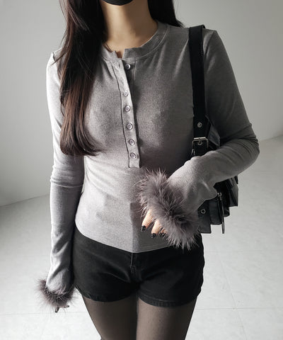 【 2color 】ファースリーブヘンリーネックリブトップス / fur sleeve henley neck lib tops