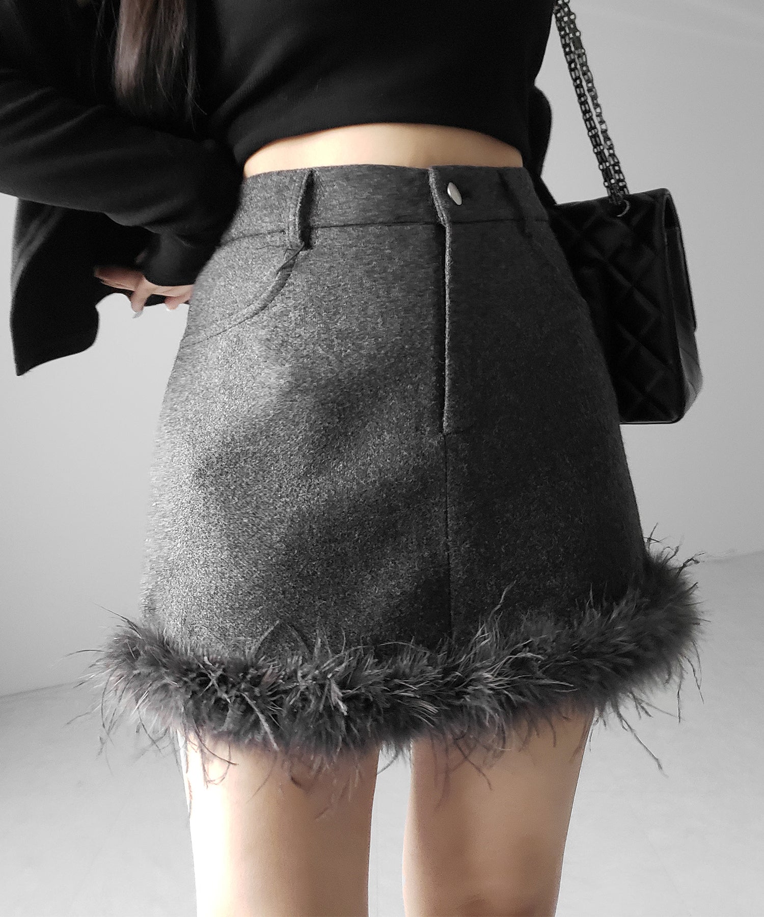【 インナーパンツ裏地付 】ファードッキングウールライクレディミニスカート / fur docking woollike lady mini skirt