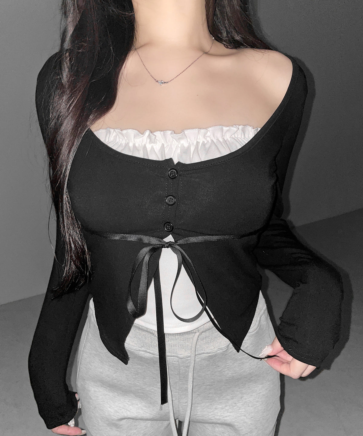 フリルレイヤードリボンカーディガントップス / frill layered ribbon cardigan tops