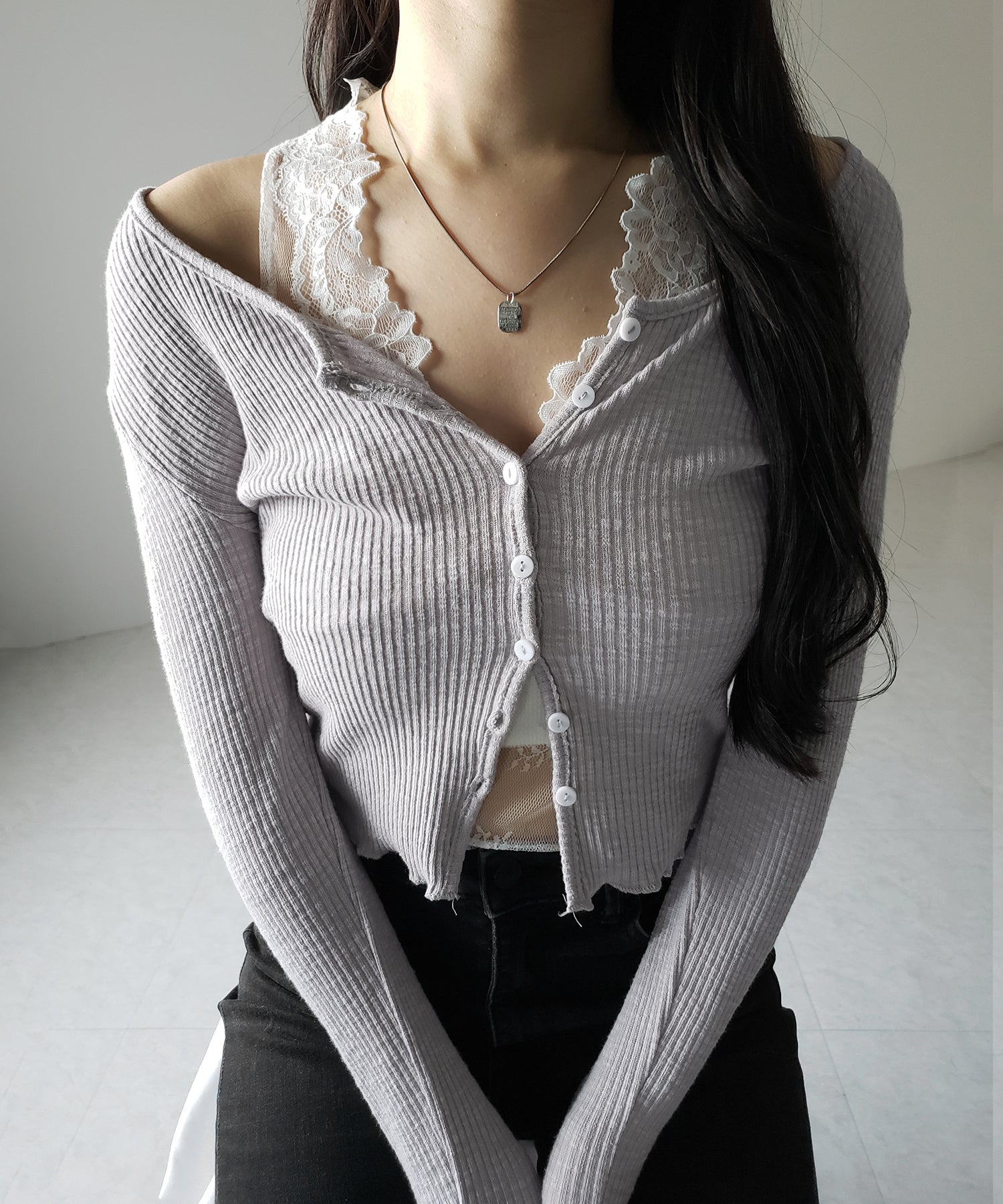 【 2点セット 】レイヤードレースシアーリブカットソーカーディガン / layered lace sheer rib cut and sew cardigan