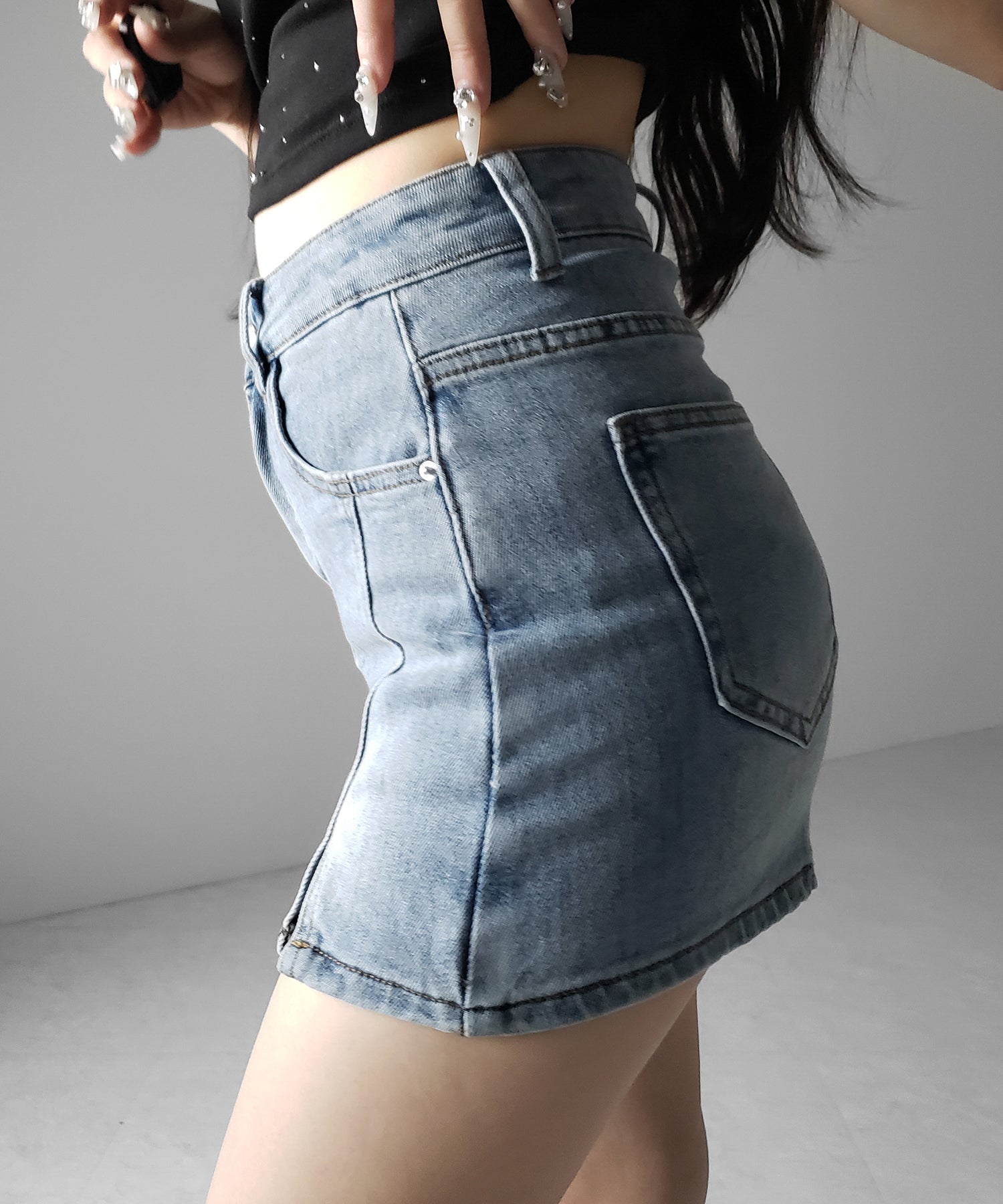ミニスリットストレッチレイヤードデニムミニスカパン / mini slit stretch layered denim mini skirt pants