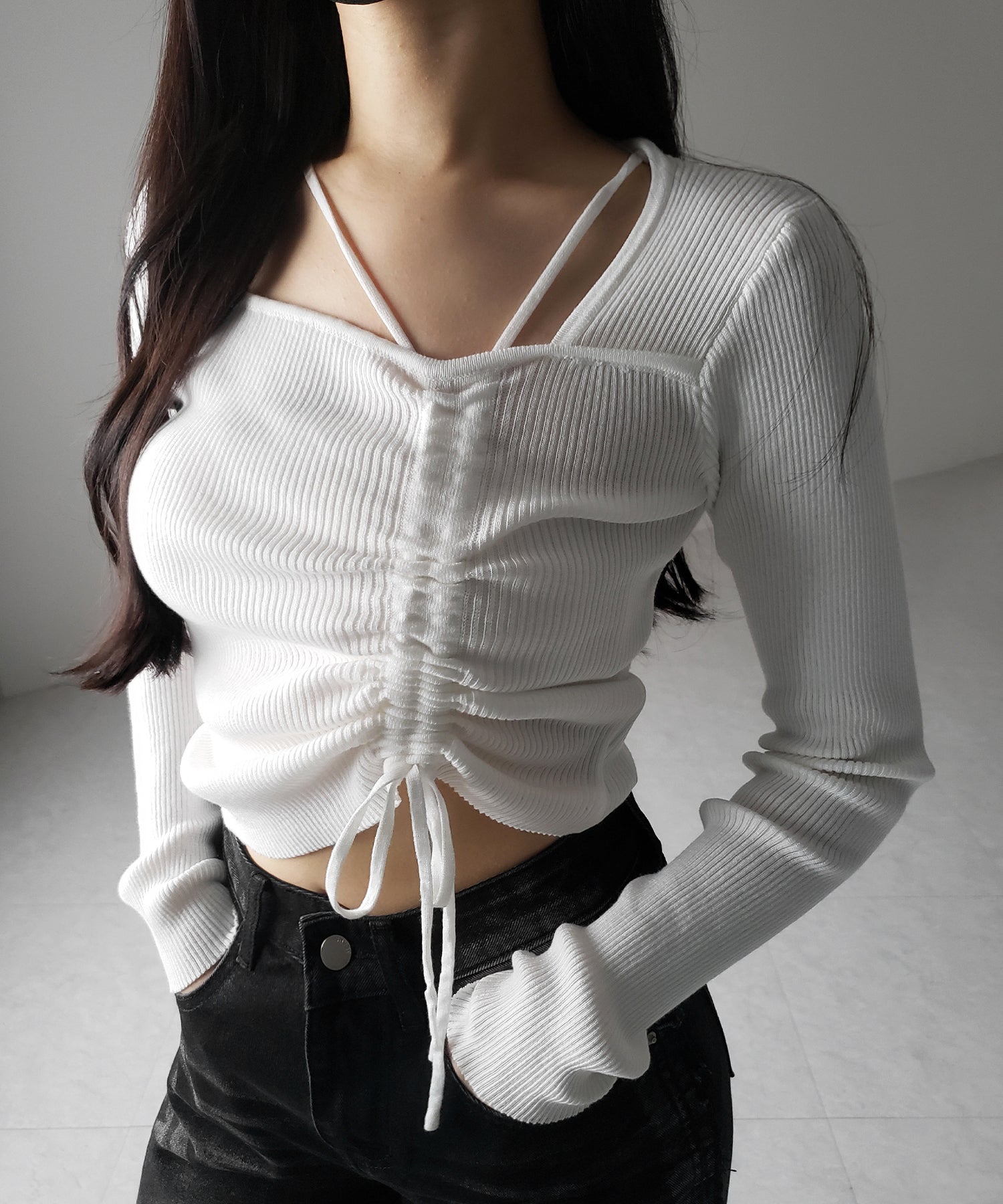 ダブルストラップシャーリングリボンリブニットトップス / double strap shirring ribbon ribbed knit tops