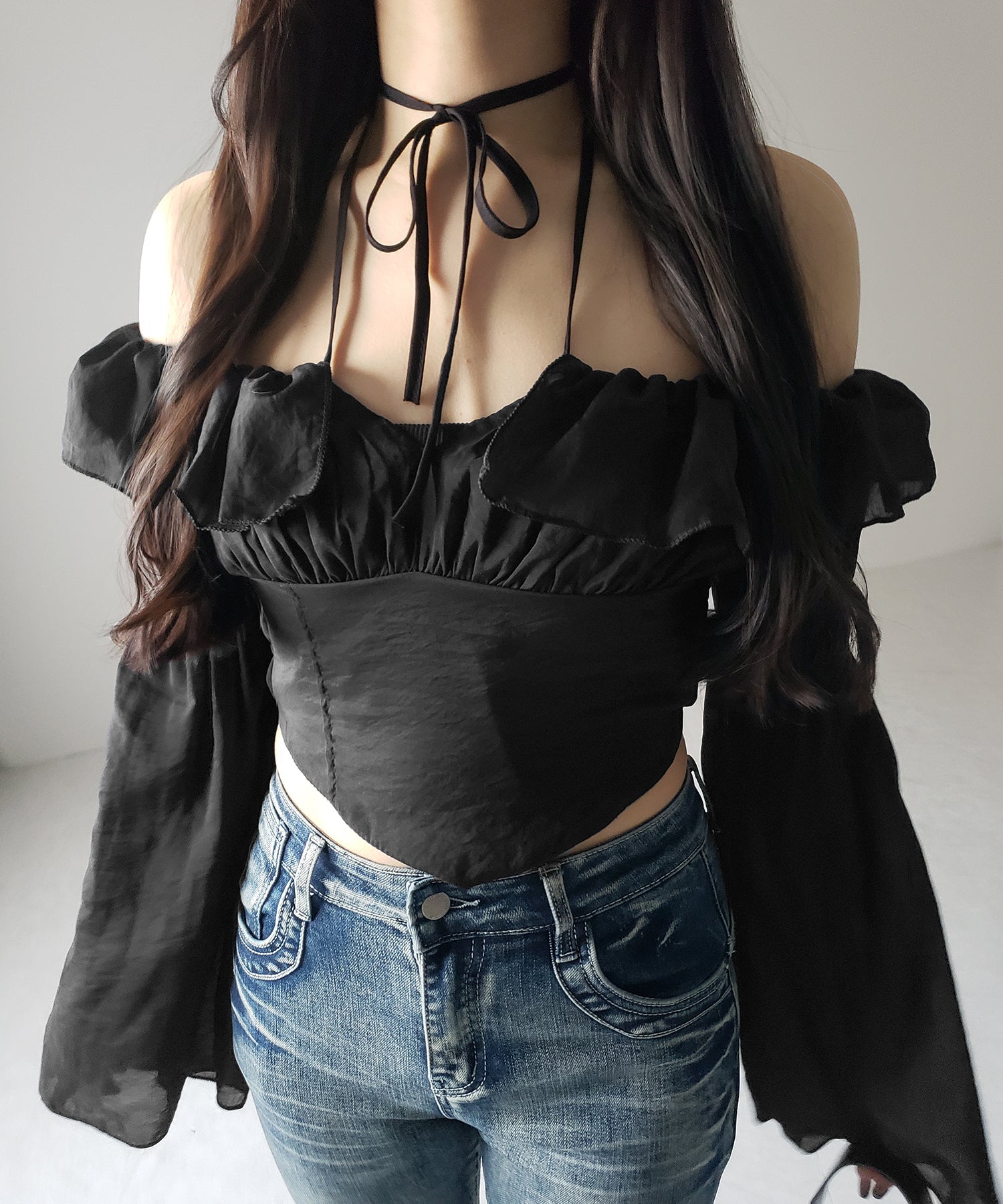 【3WAY 】チョーカーリボンフレアスリーブオフショルブラウス / choker ribbon flare sleeve off-shoulder blouse