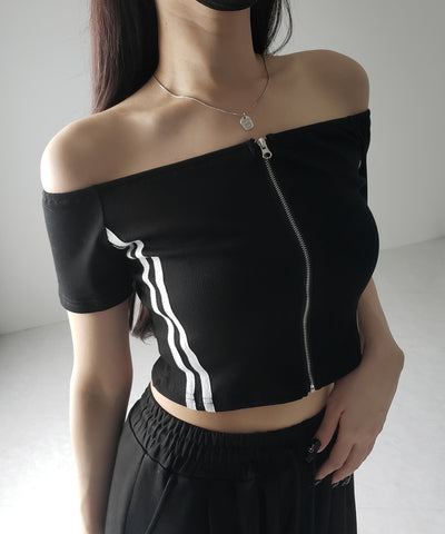 ジップアップオフショルサイドラインTシャツ / zipup off shoulder sideline T-shirt