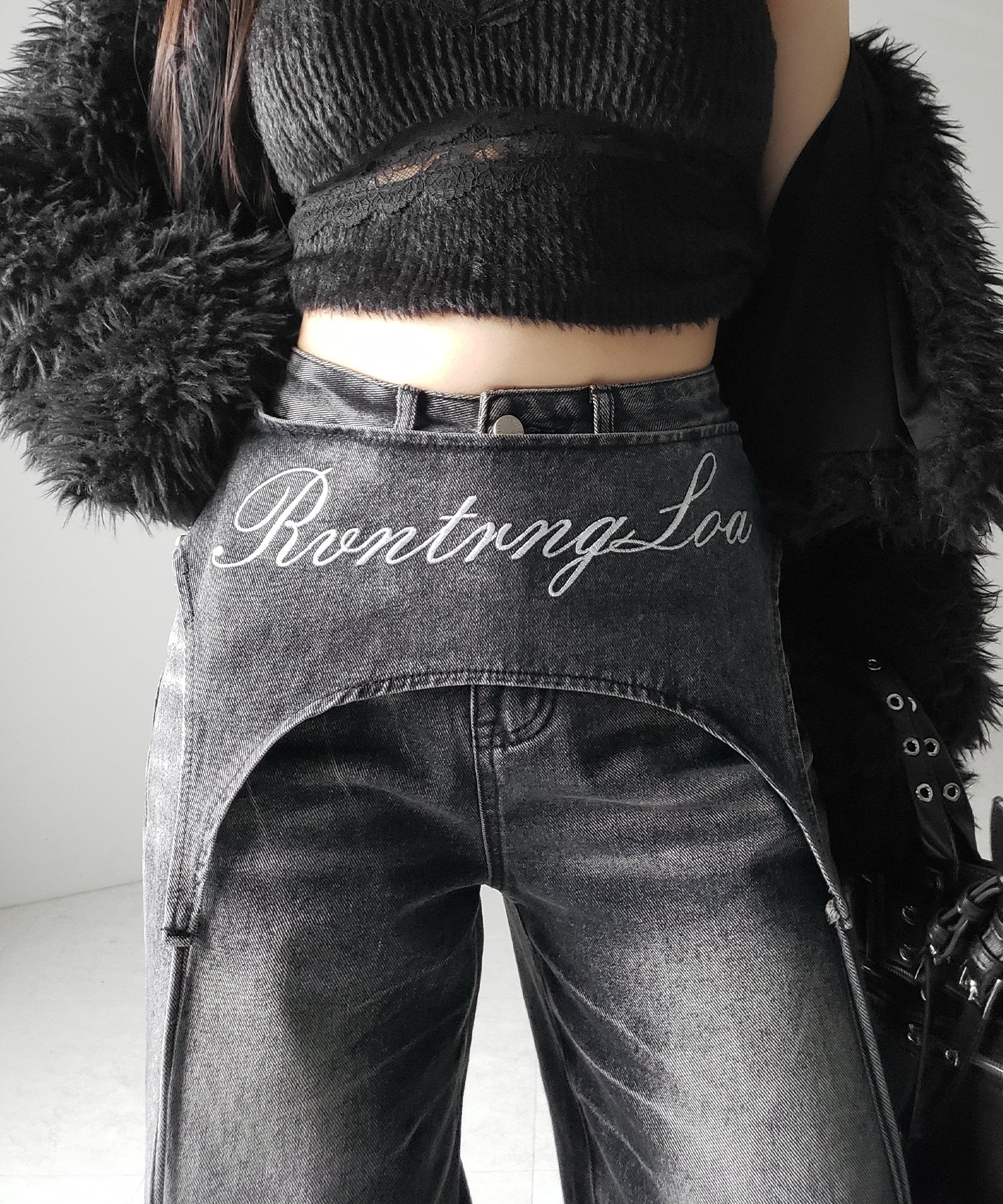 【 2WAY 】レタリングロゴ刺繍ガーターヴィンテージワイドデニム / lettering logo embroidery garter vintage wide denim