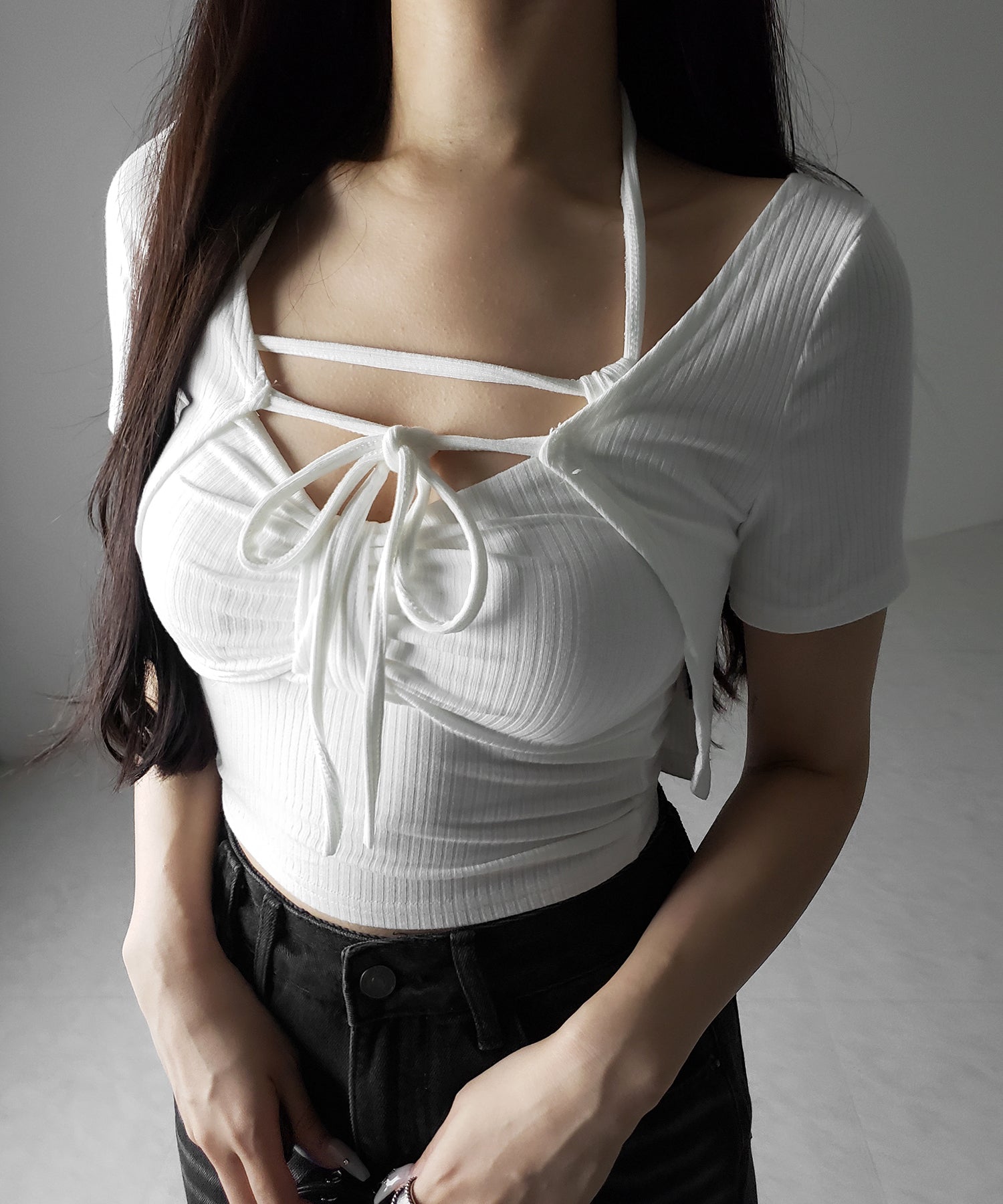 【 2点セット 】 2WAYストラップリブキャミソール + フロントリボンショートカーディガン SET / 2WAY strap lib camisole + front ribbon short cardigan