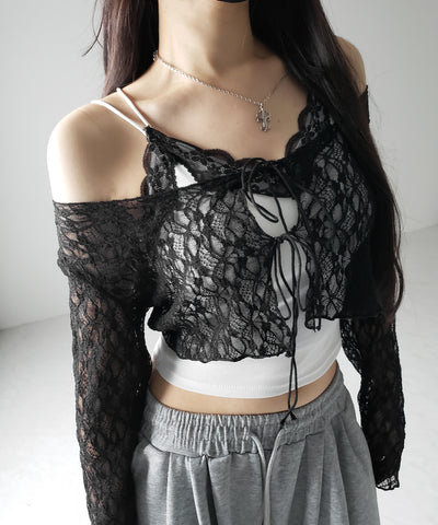 ダブルストラップリボンショートレースカーディガン /double strap ribbon short lace cardigan