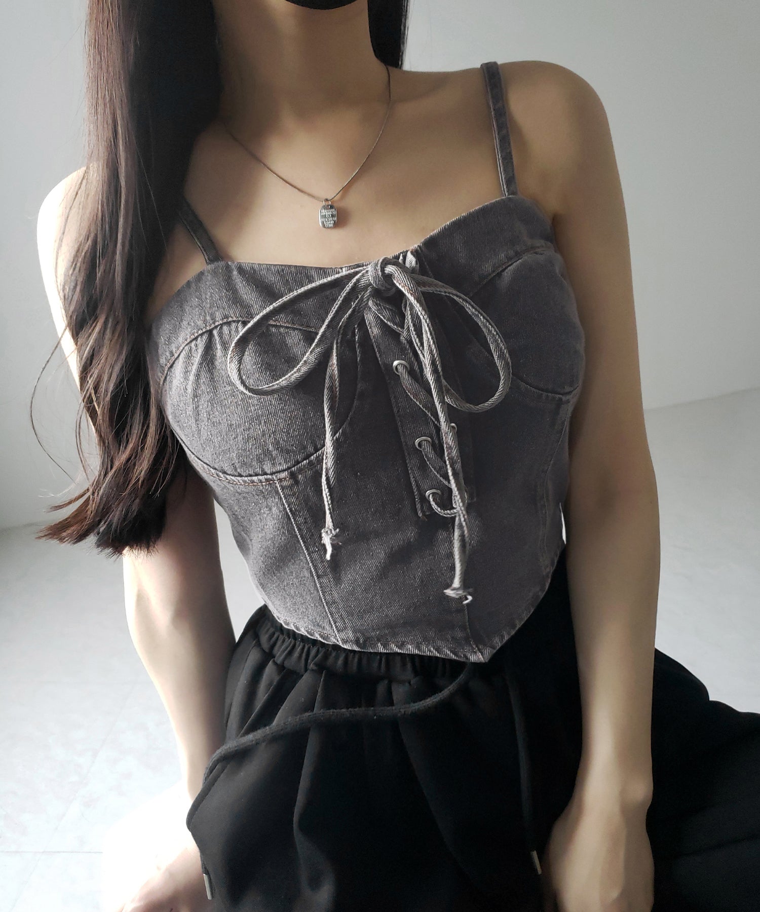 レースアップリボンコルセットデニムビスチェ / lace up ribbon corset denim bustier