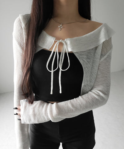 【 2color 】襟付きフロントリボンシアーニットショートカーディガン / collar front ribbon sheer knit short cardigan