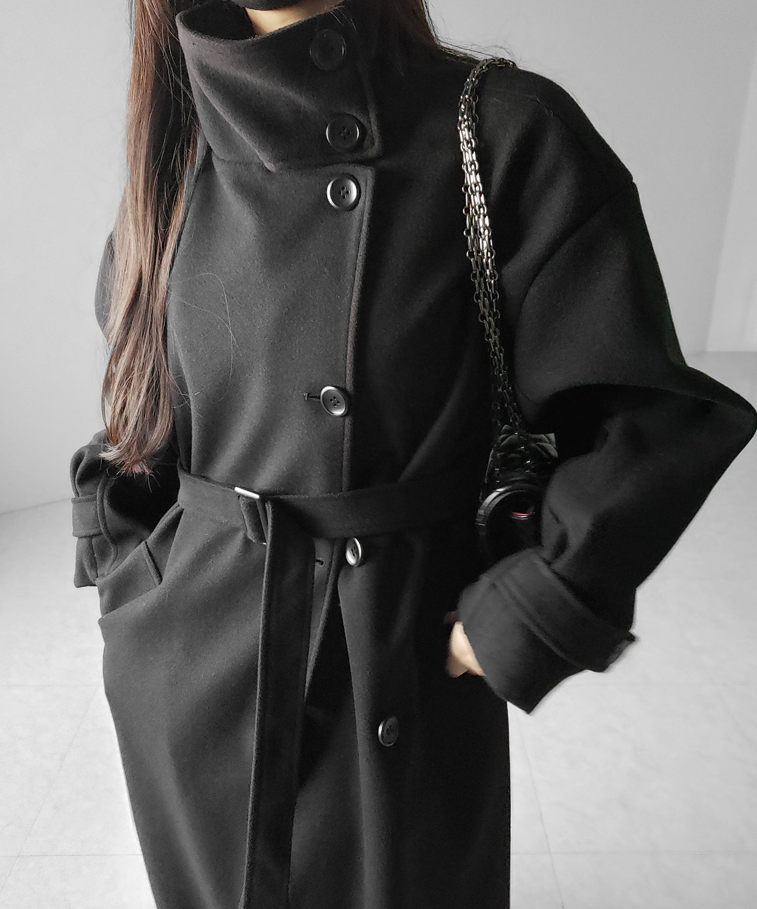 【 ウエストマークベルトSET 】2WAY スタンドカラーレディメルトントレンチロングコート / 2WAY stand collar lady melton trench long coat