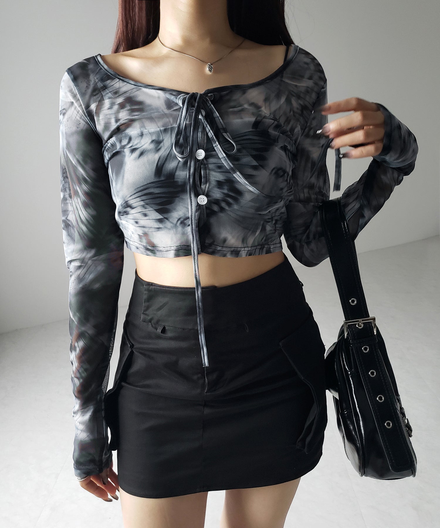 【 3color / 2WAY 】クロスストラップリボンシアーショートカーディガン / cross strap ribbon sheer short cardigan