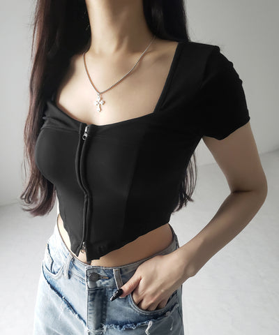 ダブルジップコルセットスクエアネックTシャツ / double zip corset square neck T-Shirt