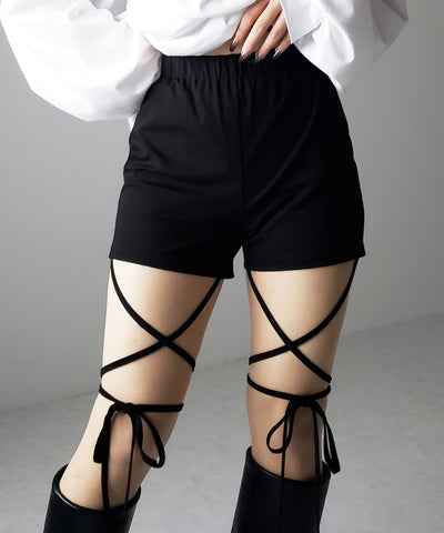 【 セルフカット調節可能 】クロスストラップリボンバイカーレギンスパンツ / cross strap ribbon biker leggings pants