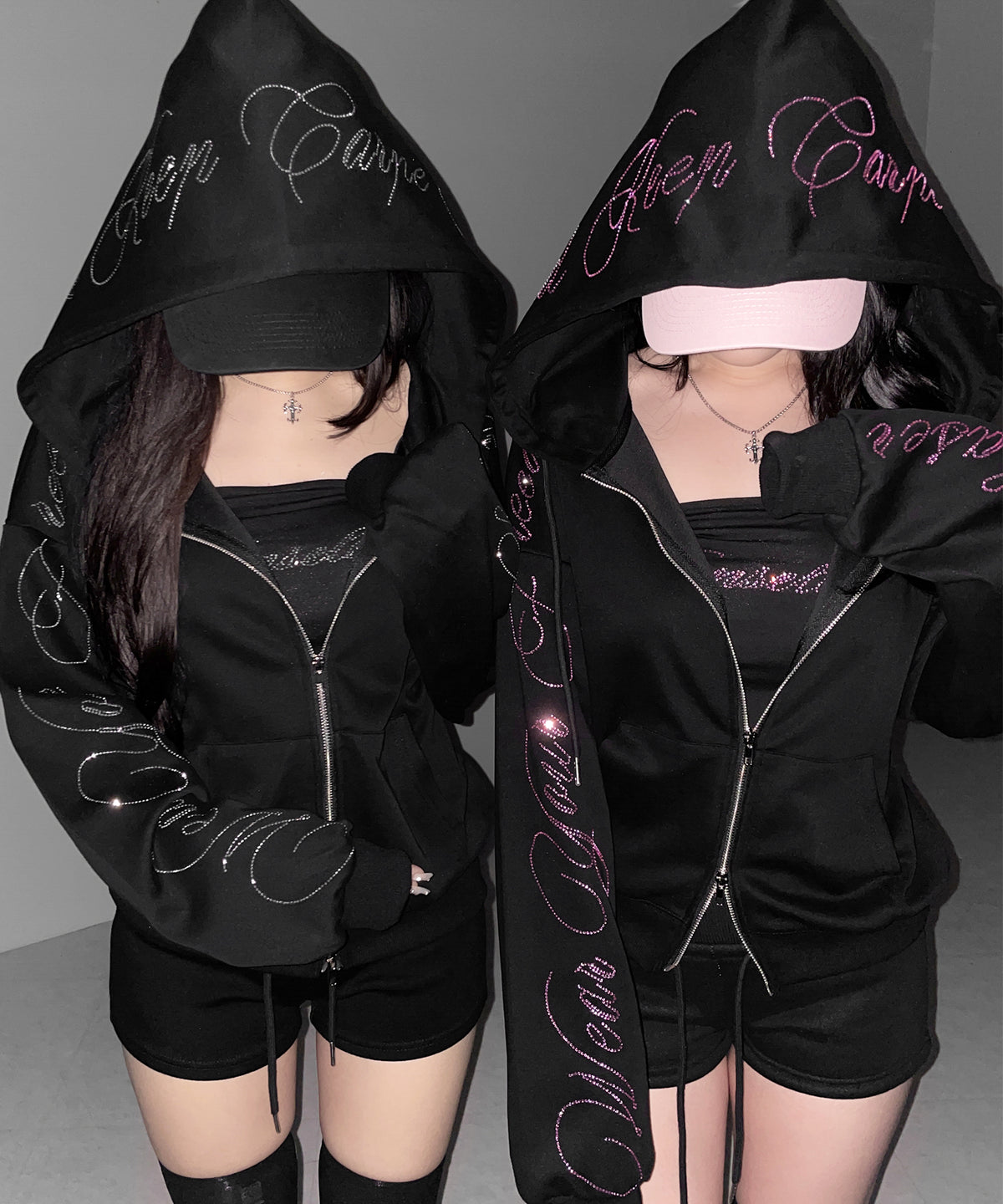 【 セットアップ可能 】ラインストーンロゴダブルジップパーカー / Rhine stone logo double zip hoodie