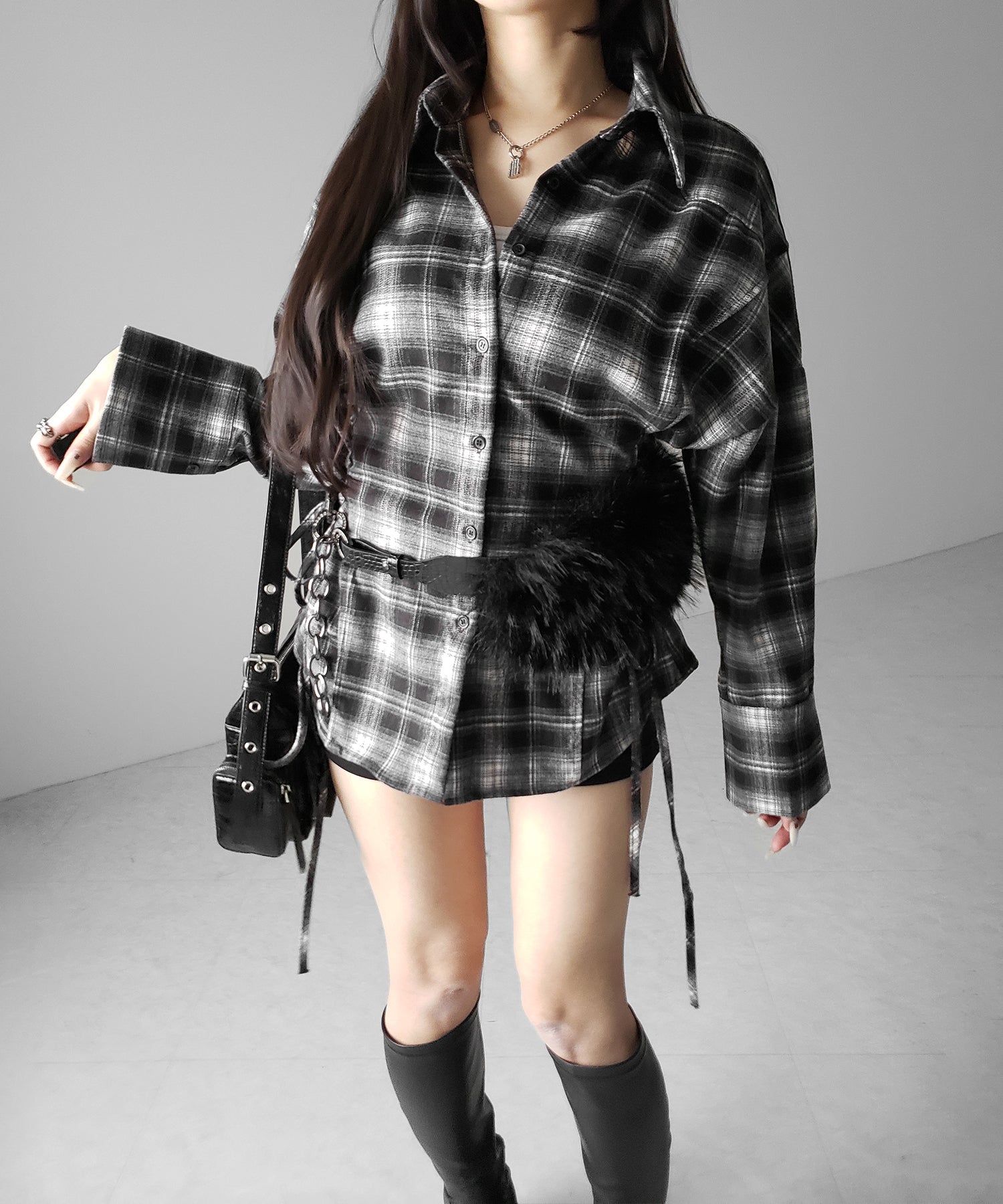 レースアップリボンスリムラインチェックネルシャツ / lace up ribbon slim line check flannel shirt