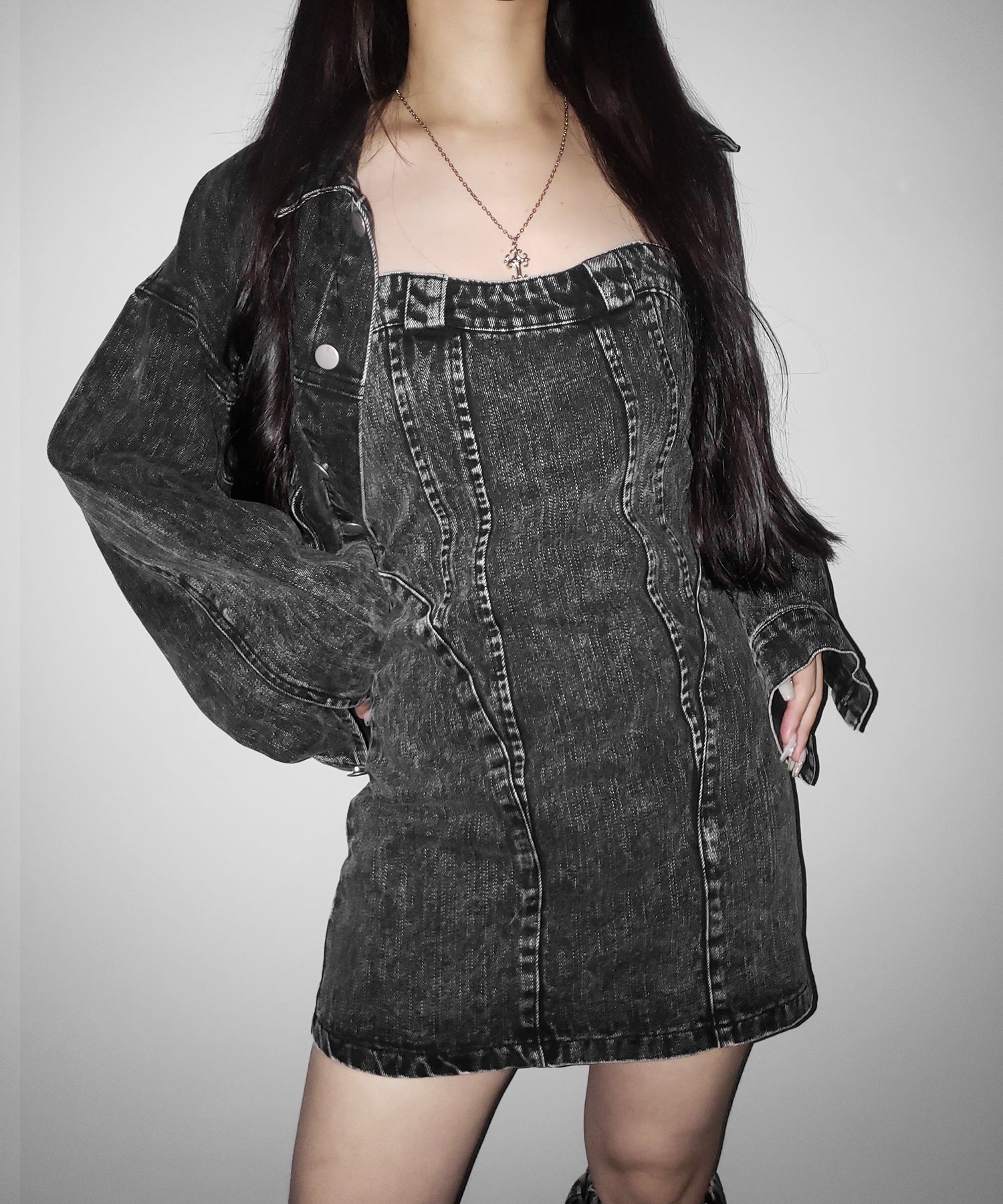 【 デニムセットアップ着用可能 】2WAYヴィンテージケミカルブリーチデニムベアミニワンピース / vintage chemical bleach denim bare mini onepiece