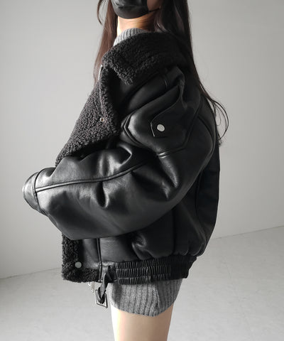 【 2color 】フェイクレザーベルテッドボアムートンジャケット / fake leather belted boa mouton jacket