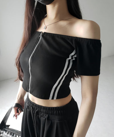 ジップアップオフショルサイドラインTシャツ / zipup off shoulder sideline T-shirt
