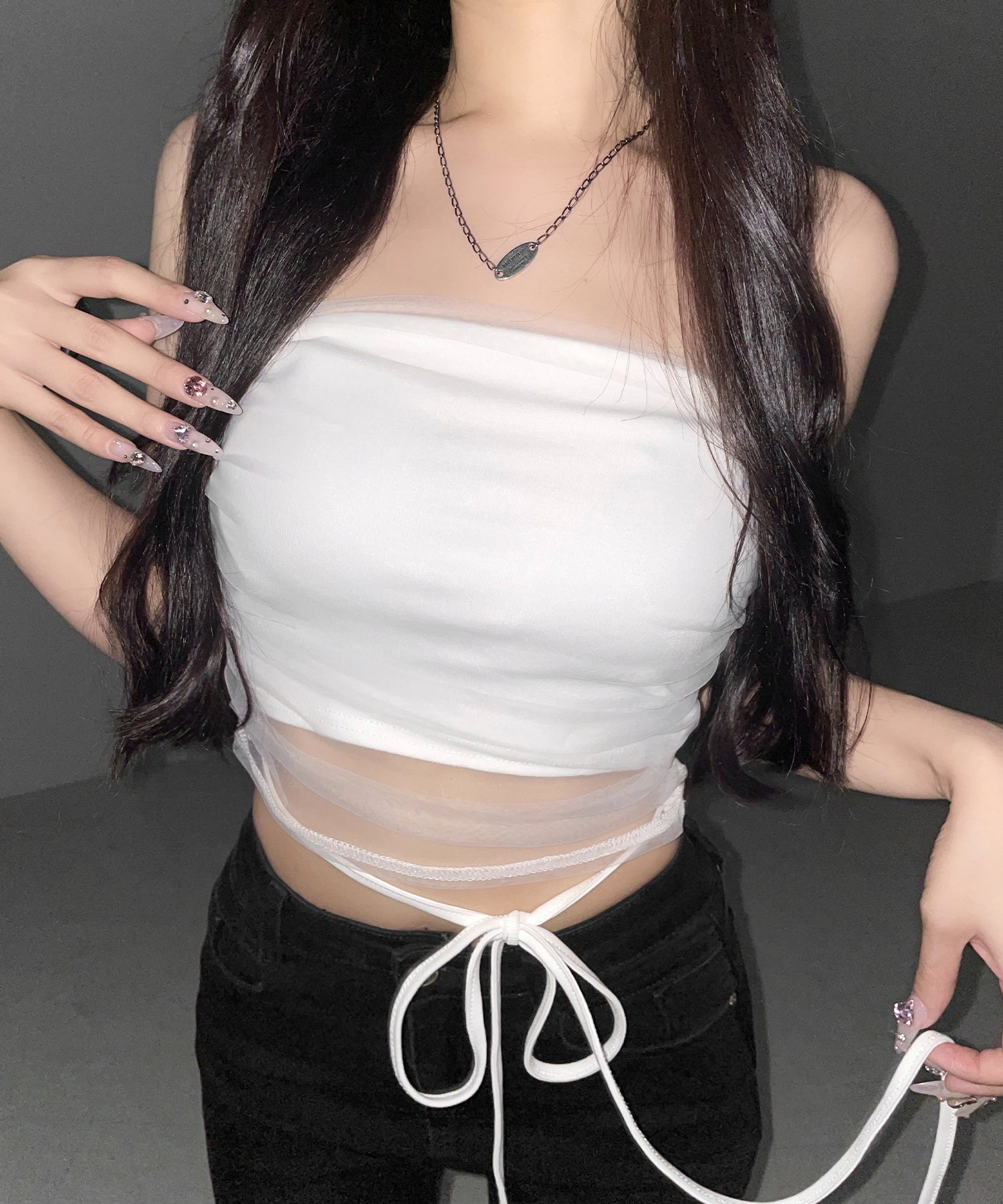 ウエストクロスチュールドッキングベアトップ / waist cross tulle docking bare top