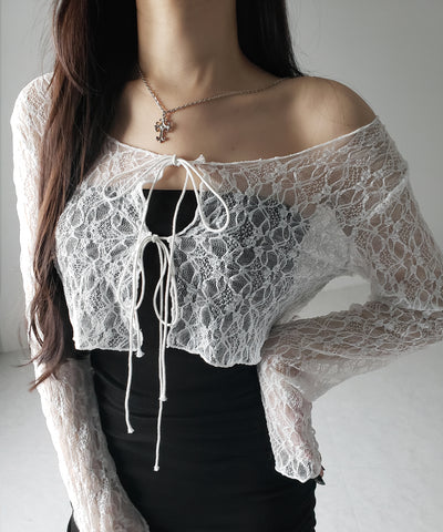 ダブルストラップリボンショートレースカーディガン /double strap ribbon short lace cardigan