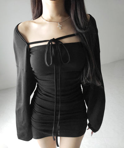 【 2点セット 】シャーリングタイトミニワンピ &フロントリボンショートカーディガン ワンホンセットアップ / shirring tight mini onepiece & front ribbon short cardigan wanghong setup