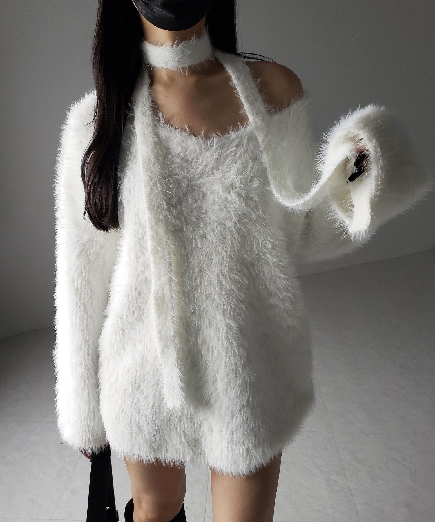 チョーカータイ付きルーズシャギーニット / choker tie set loose shaggy knit