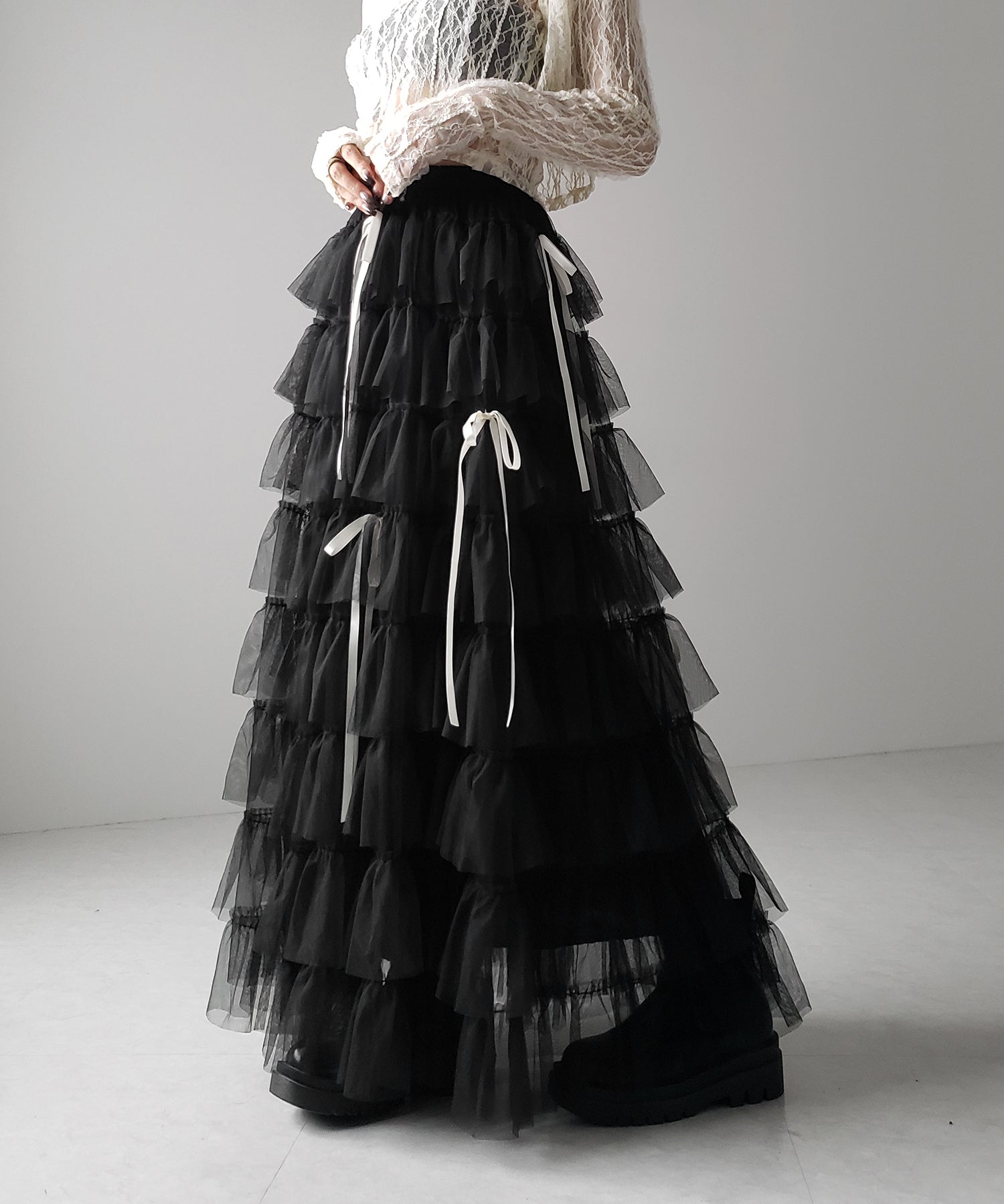 【 4color 】ストラップリボンバレエコアチュールスカート /strap ribbon ballet core tulle skirt