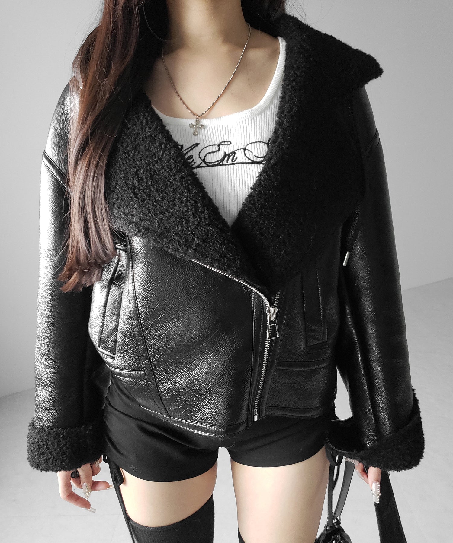 ヴィンテージレザーフーディボアムートンジャケット / vintage leather hoodie boa mouton jacket