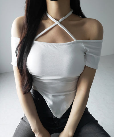 クロスネックアシメギャザーオフショルTシャツ / cross neck asymmetry gather off shoulder T-shirt