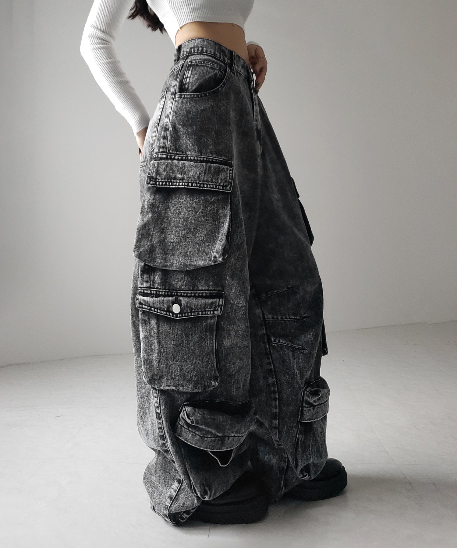 【 デニムセットアップ着用可能 】ヴィンテージケミカルブリーチヘビーワイドカーゴデニム / vintage chemical bleach heavy wide cargo denim