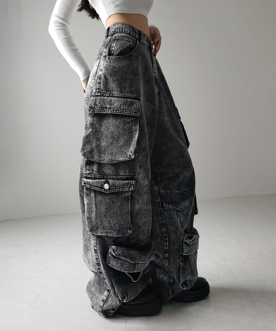 【 デニムセットアップ着用可能 】ヴィンテージケミカルブリーチヘビーワイドカーゴデニム / vintage chemical bleach heavy wide cargo denim