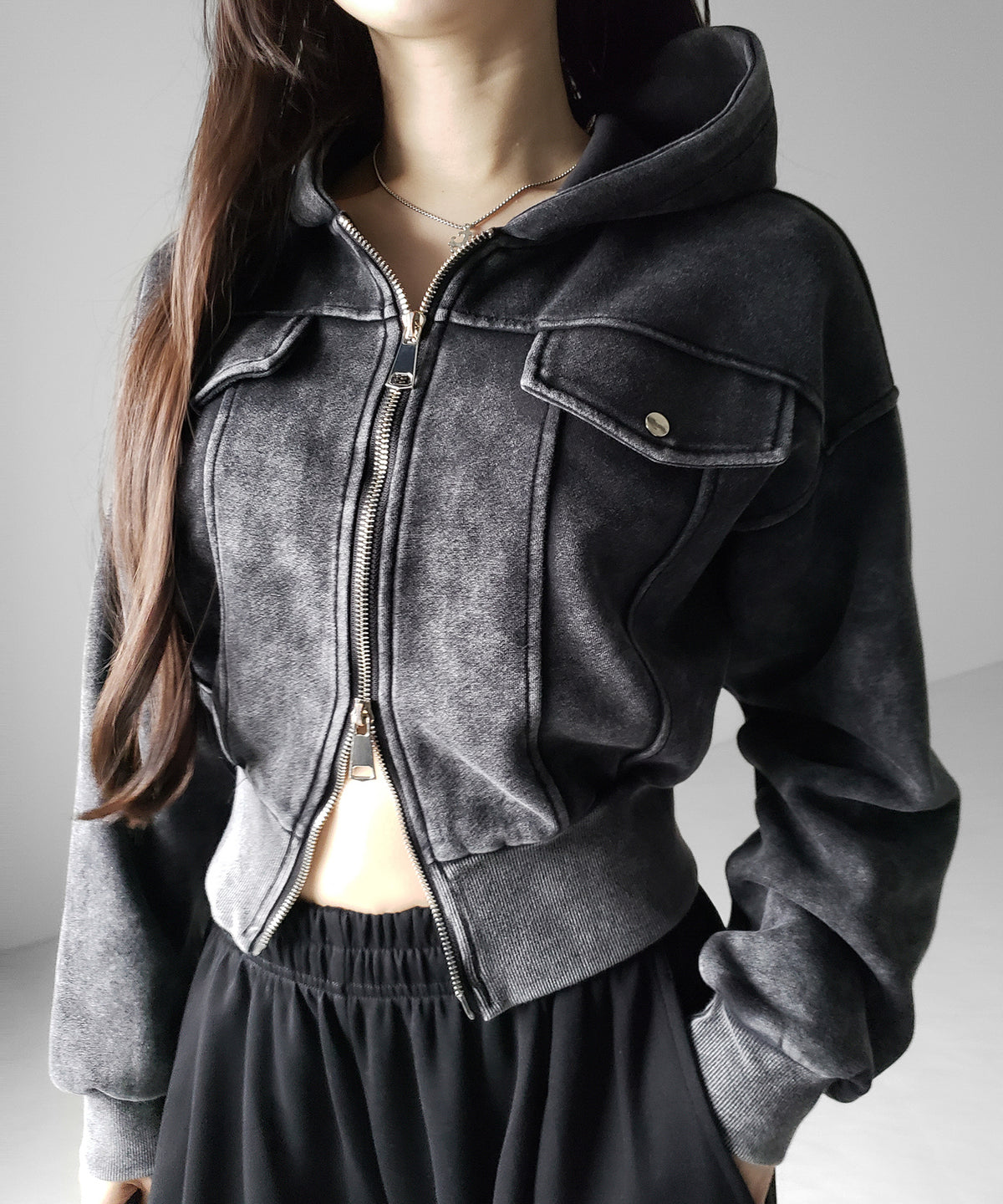 ピグメントダブルジップショートパーカー / pigment double zip short hoodie