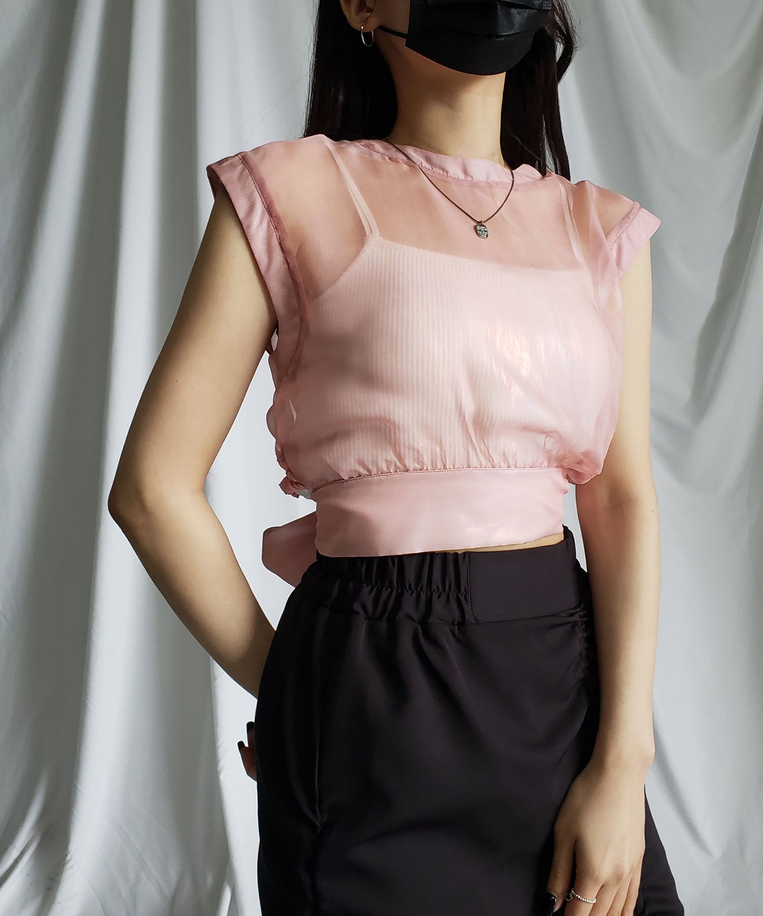 【 3color 】オーロラグロスオーガンジーバックリボンショートブラウス / Aurora gloss organdy back ribbon short Blouse