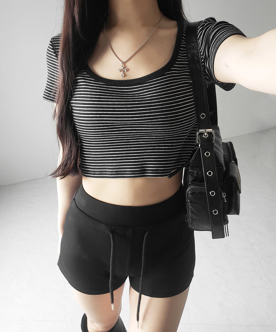 ピンボーダースクエアネックショートTシャツ / pin border square neck short T-shirt