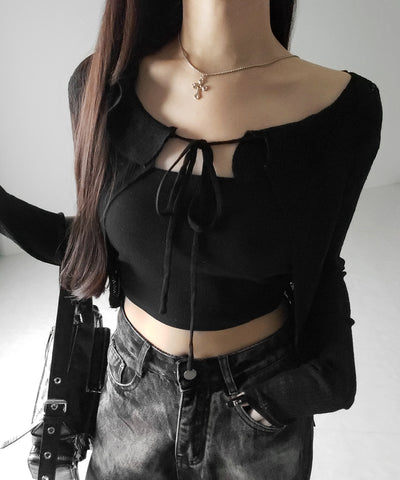 【 2color 】襟付きフロントリボンシアーニットショートカーディガン / collar front ribbon sheer knit short cardigan