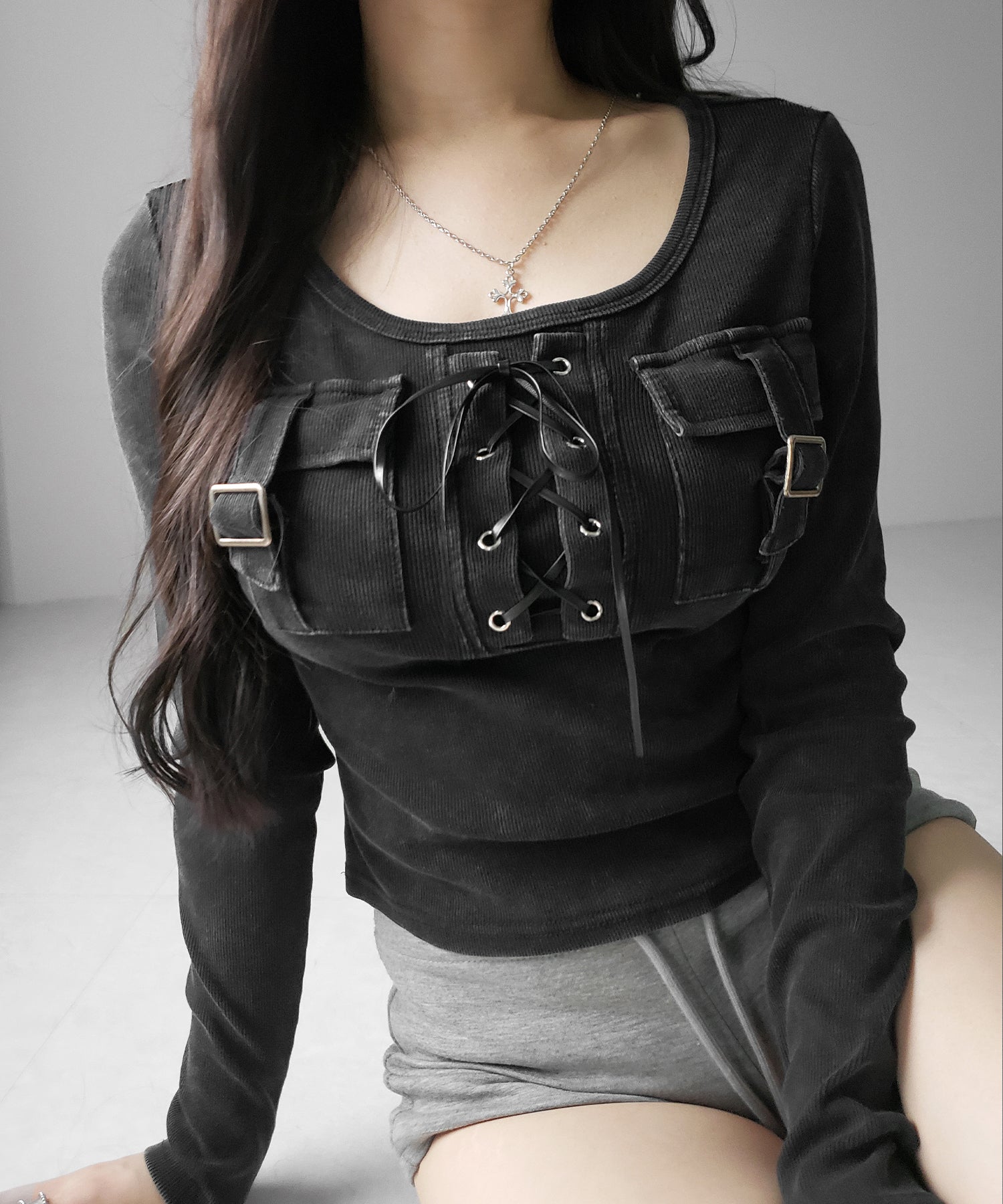 ヴィンテージレースアップアウトポケットスクエアリブロンT / vintage laceup outpocket square lib long slleve T-shirts