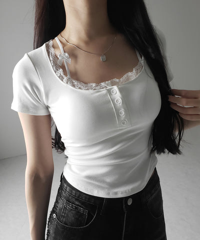 ストラップダブルリボンスクエアネックTシャツ / strap double ribbon square neck T-shirt