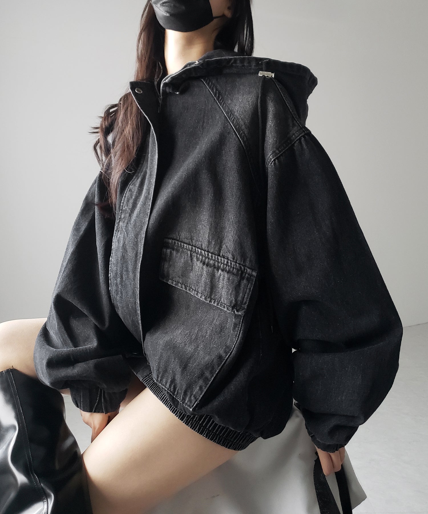 【 2color 】ヴィンテージデニムダブルジップフードブルゾン / vintage denim double zip hoodie blouson