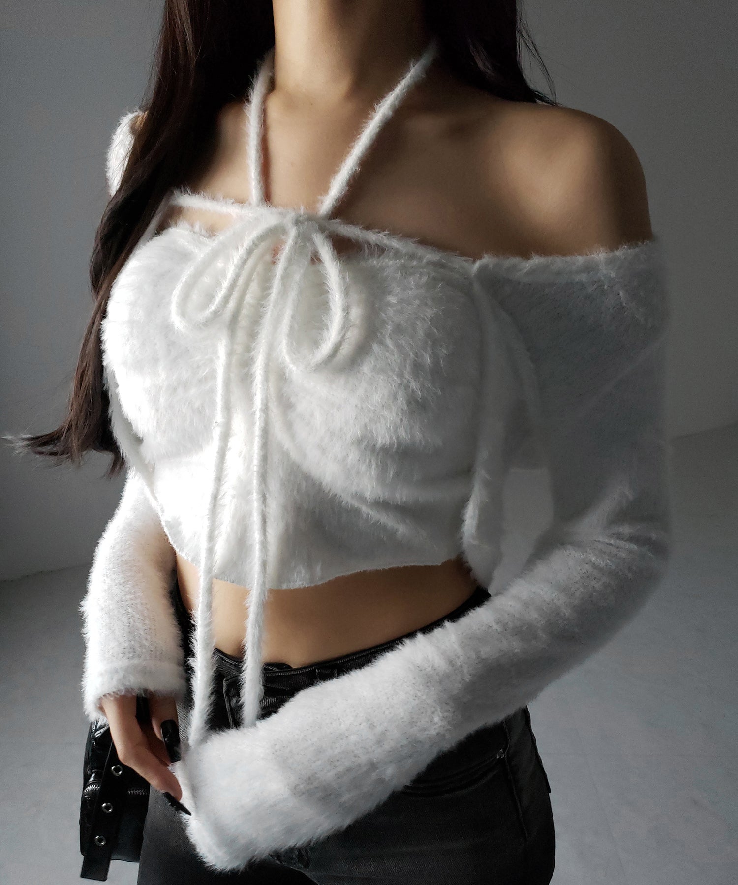 【 2点セット 】シャギーリボンベアトップス & ショートシャギーカーディガン SET / Shaggy ribbon bare tops & short shaggy cardigan