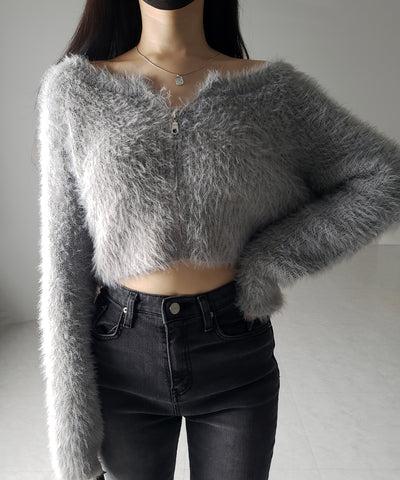 フロントジップショートシャギーニットカーディガン / front zip short shaggy knit cardigan