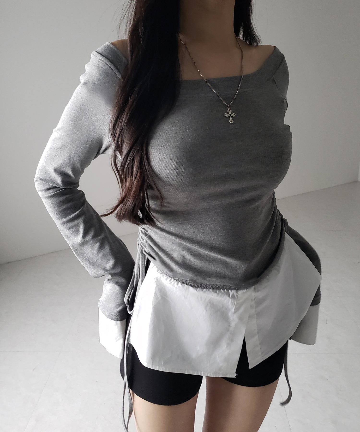 【 2WAY 】シャツドッキングサイドリボンワンショルトップス /shirt docking side ribbon oneshoulder tops