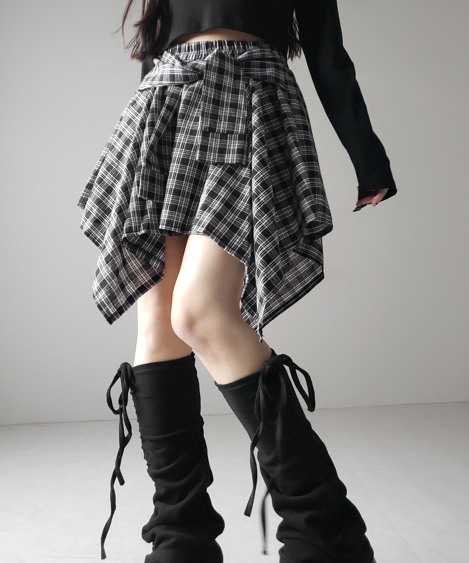 【 選べる2素材/インナーパンツ裏地付 】シャツレイヤードチェックミニスカート / shirt layered check mini skirt