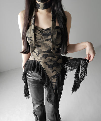 チョーカーロングタイ付き ヴィンテージカモフラレースフリルベアトップス / ( choker long tie SET ) vintage camouflage lace frill bare tops
