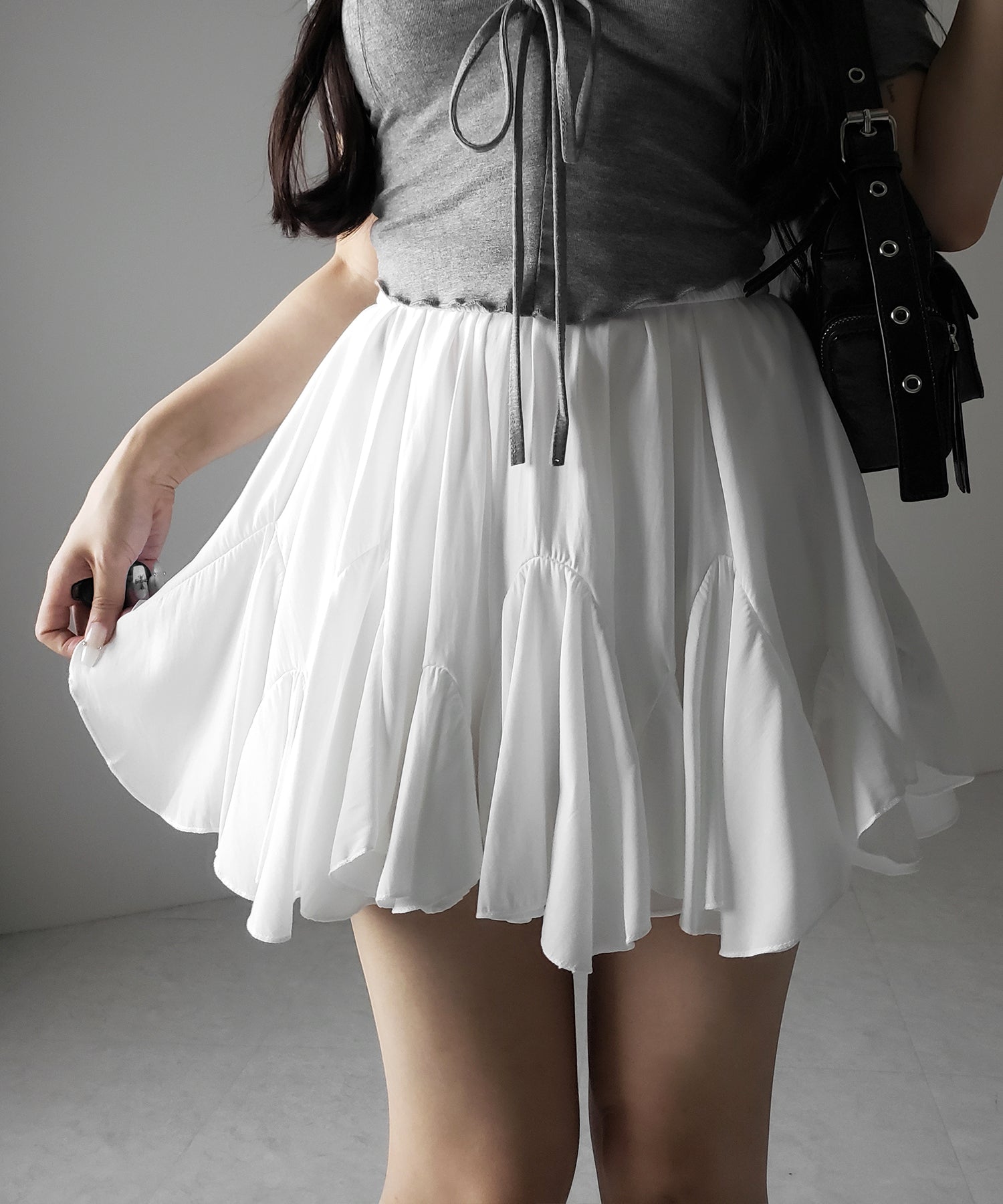 【 2color /インパン裏地付き 】ハイウエストドレープフレアミニスカート / high waist draped flare mini skirt