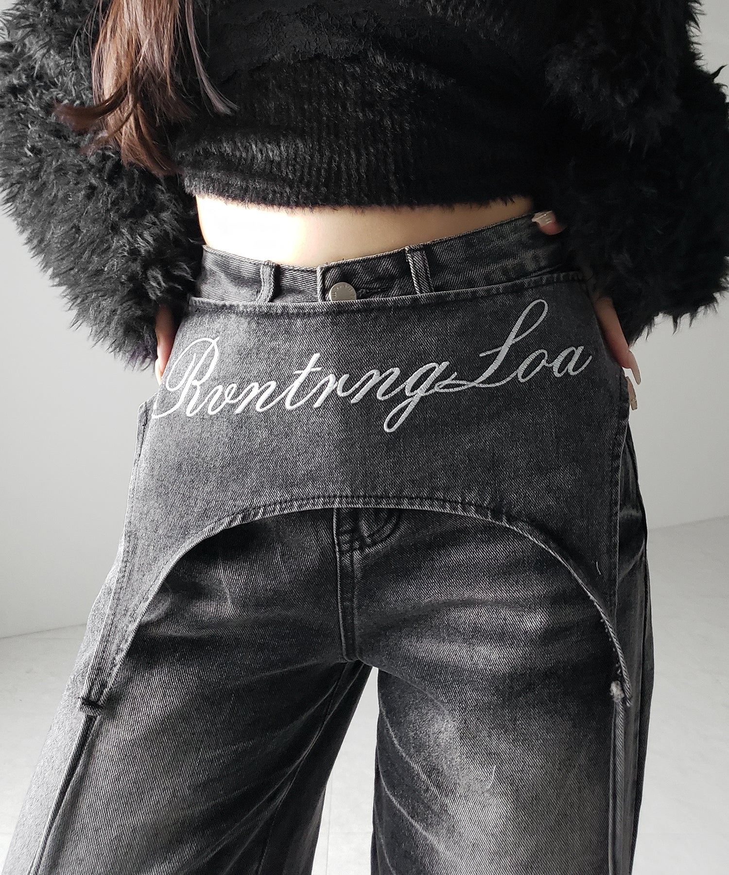 【 2WAY 】レタリングロゴ刺繍ガーターヴィンテージワイドデニム / lettering logo embroidery garter vintage wide denim