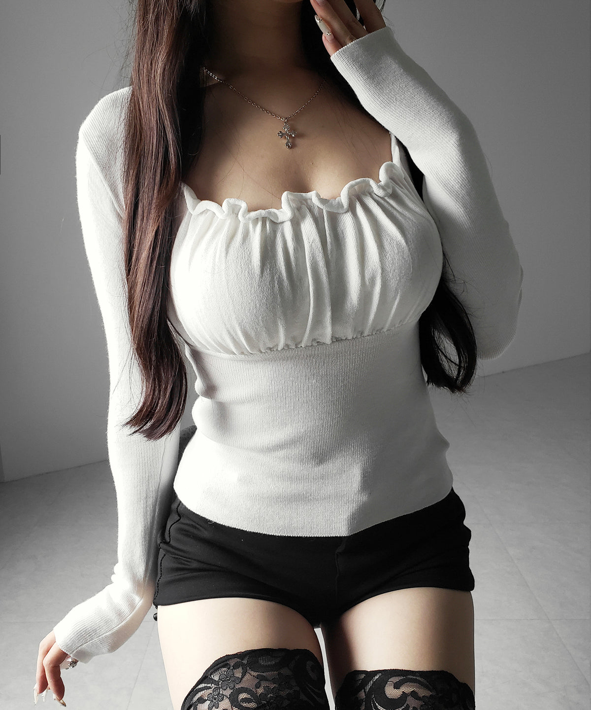 フリルギャザースクエアネック長袖ニットトップス / frill gather square neck longsleeve knit tops